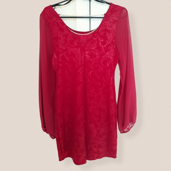 Long sheer sleeves shimmery short burgundy dress - Picture 2 of 3